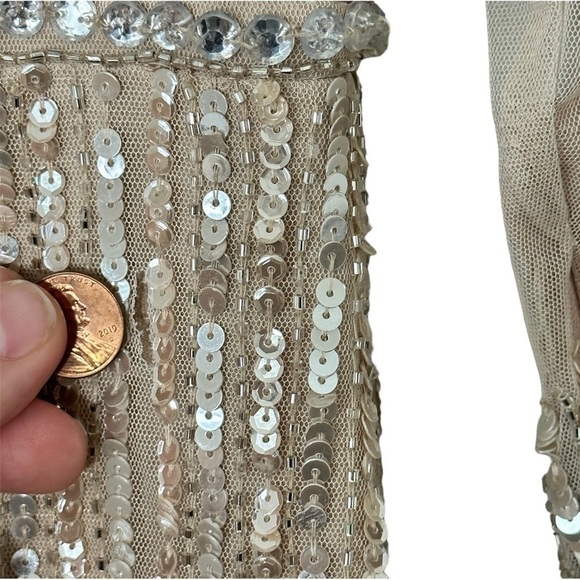 FLAWED NWT Mac Duggal Sheer Full Sequined A-Line Gown Dress in Rose Gold size 4 - Picture 7 of 13